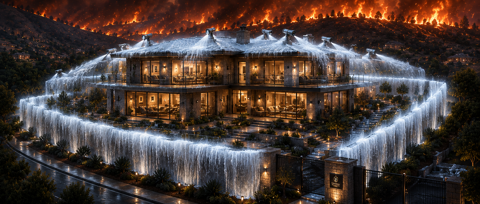 Concept rendering of a home surrounded by an ICEGUARD water and ice-slurry perimeter curtain as a wildfire approaches on the ridge behind it